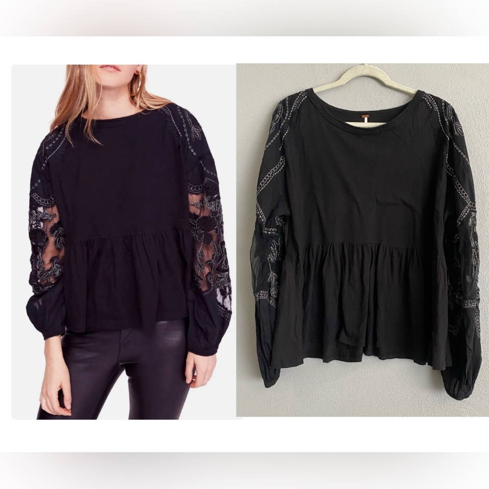 Free People Top Size Small Black Long Sleeve Embroidery Sheer Floral Neutral - Picture 1 of 8